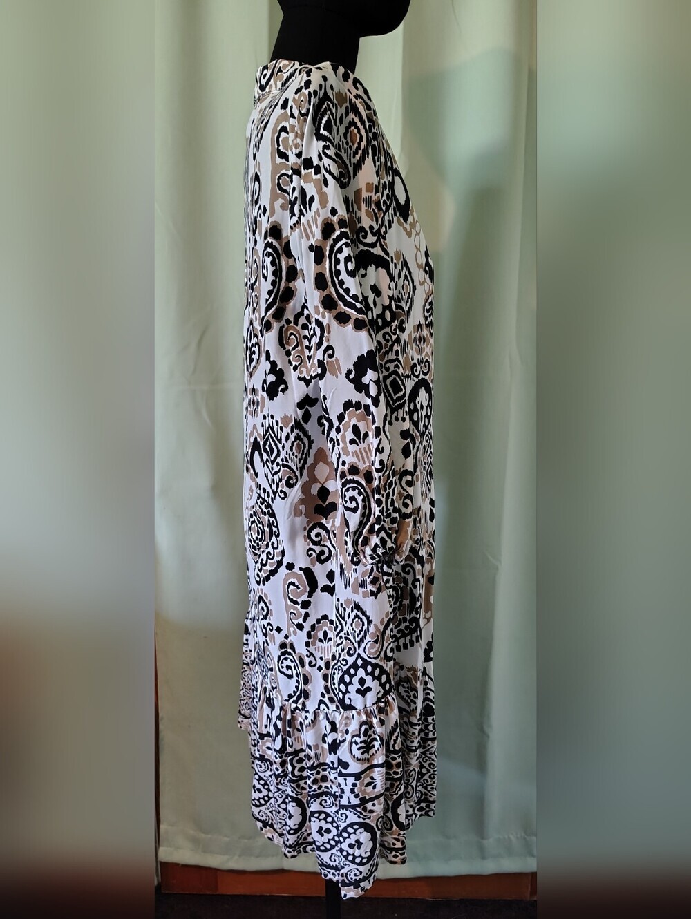 Mlle Gabrielle Black and Beige Printed Tunic Dress Button Up Women Medium NWT - Picture 6 of 10
